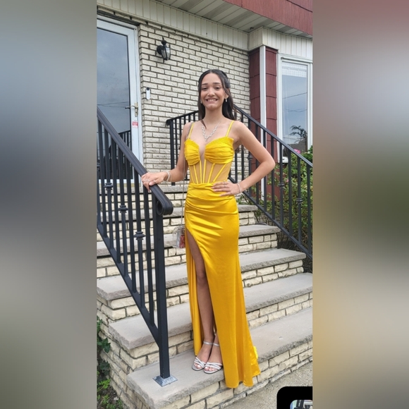 Jolie Strapless Satin Maxi Gown Bundle (Marigold) & Jewelry set - Picture 7 of 8